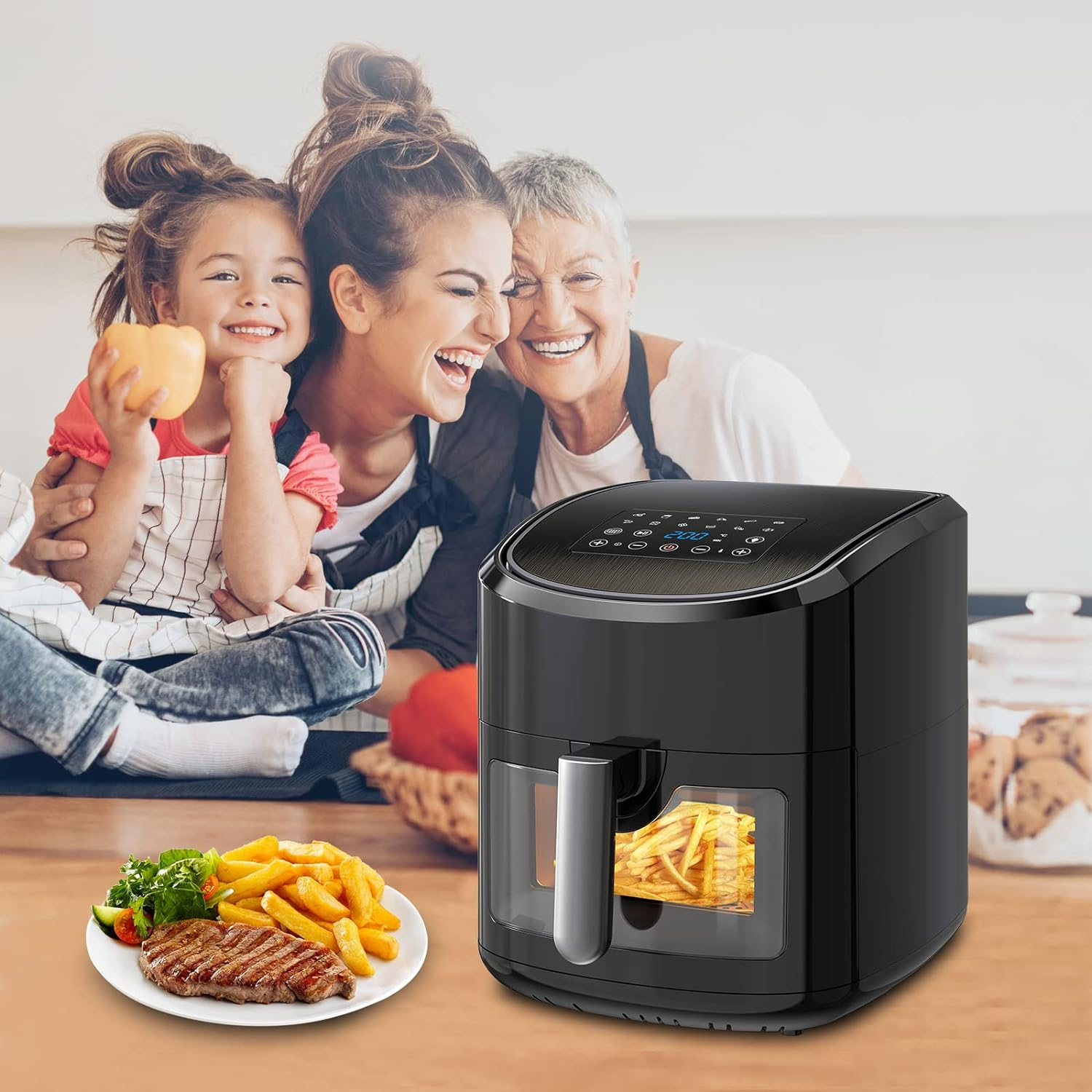 EUARY Friggitrice Ad Aria Calda 8 Litri 1700W Air Fryer XXL con 12  Programmi LED Touch Screen Friggitrice Senza Olio per 6-8 persone 32  Ricette Cartacee Cinque lingue compreso l'italiano : 